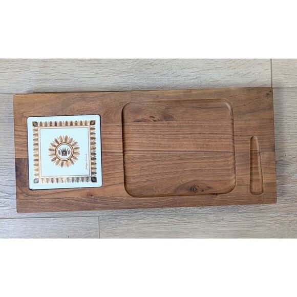 Vintage Georges Briard Wood & Ceramic Cheese Charcuterie Cutting Board 16"x7.25" - Picture 2 of 10